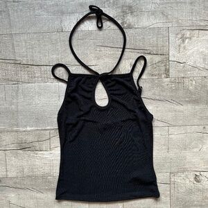 ADIKA Y2K 90s Black Metallic Glitter Halter Keyhole Cut Out Crop Top Grunge S